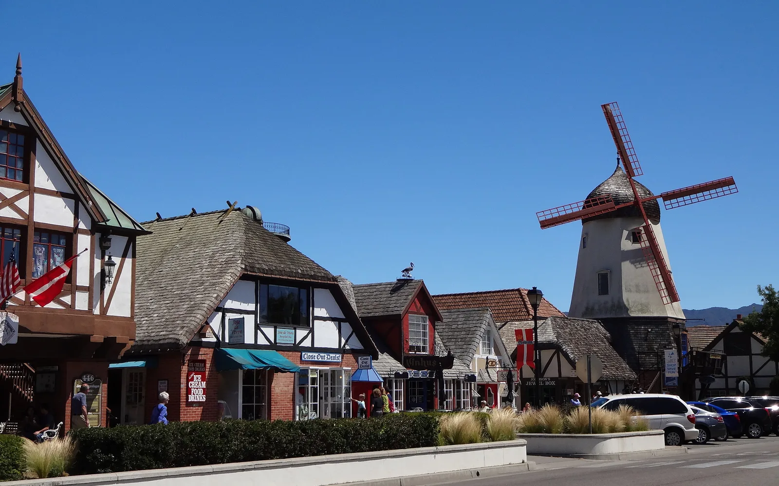 Street scene in Solvang, California showing Danish architecture and well-maintained neighborhood storefronts